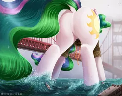 Size: 2000x1579 | Tagged: suggestive, artist:raps, derpibooru import, princess celestia, alicorn, pony, away from viewer, big-pon, boat, bridge, cutie mark, dock, ethereal tail, featureless crotch, female, flowing tail, giant pony, giantlestia, golden gate bridge, huge butt, large butt, macro, mare, multicolored mane, multicolored tail, ocean, pacific rim, parody, plot, praise the sun, royalty, san francisco, solo, solo female, sparkles, sunbutt, water