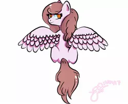 Size: 1600x1299 | Tagged: safe, artist:cysd16, derpibooru import, oc, oc:pink pearl, unofficial characters only, pegasus, pony, brown mane, daughter, looking at you, looking back, looking back at you, model, orange eyes, pearl, pink coat, simple background, sister, sitting, smiling, solo, wavy, white background