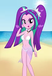 Size: 5000x7262 | Tagged: suggestive, artist:rainbownspeedash, derpibooru import, aria blaze, equestria girls, rainbow rocks, absurd resolution, beach, belly button, bikini, blushing, bohemian skirt, breasts, busty aria blaze, clothes, female, midriff, sarong, see-through, sexy, sleeveless, solo, solo female, stupid sexy aria blaze, swimsuit, vector, wrap skirt