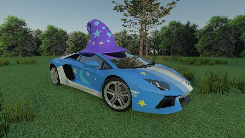 Size: 2300x1293 | Tagged: safe, artist:futuretankcrc, derpibooru import, trixie, pony, unicorn, 3d, car, female, grass, hypercar, lamborghini, lamborghini aventador, mare, sketchup, supercar, tree, trixie's hat