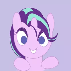 Size: 569x573 | Tagged: artist:violaconcert, bust, derpibooru import, looking at you, purple background, safe, simple background, smiling, solo, starlight glimmer