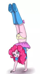 Size: 1889x3472 | Tagged: suggestive, artist:sumin6301, derpibooru import, edit, editor:jondor, pinkie pie, equestria girls, ass, backbend, boots, clothes, cutie mark underwear, female, handstand, high heel boots, implied flutterpie, implied lesbian, implied shipping, looking at you, open mouth, panties, panty shot, simple background, skirt, skirt flip, skirt lift, solo, solo female, underwear, underwear swap, upside down, white background