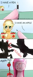 Size: 1218x2797 | Tagged: grimdark, artist:ahmadafadhil, derpibooru import, applejack, pinkie pie, earth pony, pony, abuse, apple, apple pen, blood, comic, death, female, food, grimderp, jackabuse, mare, meme, murder, pen, pen pineapple apple pen, pinkamena diane pie, ppap, pun, smiling, visual pun