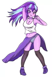 Size: 2362x3472 | Tagged: suggestive, artist:sumin6301, derpibooru import, starlight glimmer, equestria girls, alternate hairstyle, armpits, belly button, big breasts, blushing, breasts, busty starlight glimmer, cleavage, clothes, equestria girls-ified, female, high heels, looking at you, midriff, panties, ponytail, shoes, side slit, simple background, skirt, skirt lift, smiling, socks, solo, striped underwear, tanktop, thigh highs, underwear, white background
