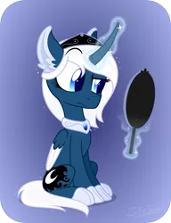 Size: 3851x5009 | Tagged: safe, artist:zutheskunk, derpibooru import, princess luna, alicorn, pony, absurd resolution, alternate design, colored pupils, colored wings, colored wingtips, crown, curved horn, floppy ears, frown, glowing horn, jewelry, levitation, magic, mirror, raised eyebrow, regalia, signature, simple background, sitting, solo, sparkles, style emulation, telekinesis