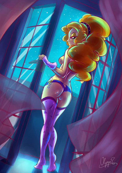 Size: 1280x1810 | Tagged: questionable, artist:olyagon33, derpibooru import, adagio dazzle, equestria girls, rainbow rocks, adagio dat-azzle, ass, balcony, bedroom eyes, breasts, busty adagio dazzle, clothes, curtains, female, fingerless gloves, from behind, gloves, looking at you, looking back, looking over shoulder, night, panties, partial nudity, purple underwear, sexy, sideboob, smiling, socks, solo, solo female, stockings, striped socks, the ass was fat, thigh highs, topless, underwear, wide hips, window