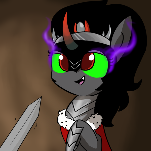 Size: 1080x1080 | Tagged: safe, artist:tjpones, derpibooru import, edit, editor:dsp2003, king sombra, offscreen character, open mouth, queen umbra, rule 63, shaking, smiling, solo focus, sword, textless, trembling, unimpressed, weapon