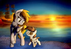 Size: 3000x2083 | Tagged: safe, artist:pucksterv, derpibooru import, pipsqueak, oc, oc:captain caramel, pegasus, pony, female, mare, ocean, pirate, ship, sunrise