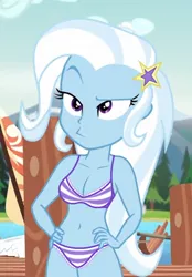 Size: 460x660 | Tagged: suggestive, derpibooru import, edit, edited screencap, editor:ah96, screencap, trixie, equestria girls, legend of everfree, belly button, bra, breast edit, breasts, cleavage, clothes, e-cup bra, female, frilly underwear, image, panties, png, raised eyebrow, sexy, solo, striped underwear, underwear, underwear edit