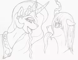 Size: 1218x942 | Tagged: suggestive, artist:parallel black, derpibooru import, princess celestia, queen chrysalis, princess molestia, annoyed, bedroom eyes, drool, floppy ears, impossibly long tongue, long tongue, looking at each other, monochrome, sketch, tongue out, tonguesalis