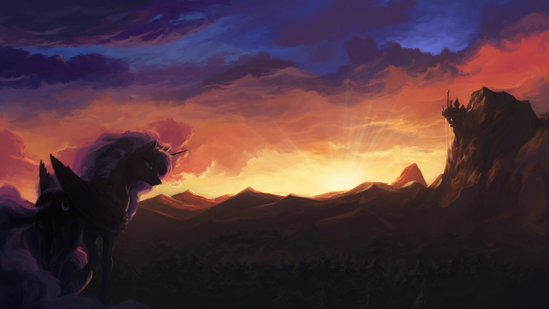 Size: 1920x1080 | Tagged: artist:bra1neater, canterlot, cloud, crepuscular rays, derpibooru import, mountain, princess luna, safe, scenery, scenery porn, sky, solo, sun, sunrise, tree, twilight (astronomy), waterfall, wood