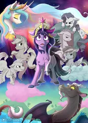 Size: 1200x1675 | Tagged: safe, artist:stepandy, derpibooru import, applejack, discord, fluttershy, pinkie pie, princess celestia, rainbow dash, rarity, twilight sparkle, classical unicorn, draconequus, earth pony, pegasus, pony, unicorn, comic:mark of chaos, the return of harmony, big crown thingy, cloud, cloven hooves, cotton candy, cotton candy cloud, cowboy hat, crying, discorded, discorded twilight, eyes closed, eyeshadow, fangs, female, flutterbitch, food, greedity, hat, jewelry, leonine tail, liarjack, makeup, male, mane six, mare, meanie pie, open mouth, rainbow ditch, regalia, sad, sadlestia, smiling, stetson, unicorn twilight, unshorn fetlocks