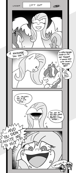 Size: 1451x3300 | Tagged: artist:loreto-arts, bat wings, blushing, comic, comic:friendship is innuendo, derpibooru import, diamond tiara, fluttershy, flutterspike, implied apple bloom, implied spike, male, monochrome, shipping, silver spoon, spike gets all the mares, straight, suggestive, yandere, yandereshy