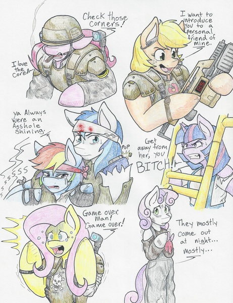 Size: 4976x6480 | Tagged: semi-grimdark, artist:flicker-show, derpibooru import, applejack, fluttershy, pinkie pie, rainbow dash, shining armor, sweetie belle, twilight sparkle, pony, absurd resolution, alien (franchise), bandage, bipedal, blood, cigarette, clothes, colonial marine, crossover, crying, fangs, freckles, gun, implied death, military, military pony, smoking, traditional art, vulgar, weapon