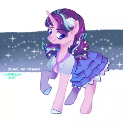 Size: 1280x1280 | Tagged: safe, artist:dreamscapevalley, derpibooru import, starlight glimmer, pony, unicorn, alternate hairstyle, clothes, dress, female, flower, flower in hair, looking away, looking down, mare, raised hoof, smiling, solo