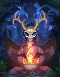 Size: 1630x2095 | Tagged: safe, artist:yakovlev-vad, derpibooru import, oc, unofficial characters only, pegasus, pony, antlers, blue eyes, bodypaint, bone, conjuring, feather, fire, fireplace, helmet, looking at you, magic, male, patreon reward, shaman, sitting, skull, skull helmet, solo, spirit, spread wings, stallion