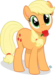 Size: 2005x2717 | Tagged: safe, artist:arifproject, derpibooru import, applejack, pony, apple, cute, food, hatless, jackabetes, looking at you, missing accessory, nom, obligatory apple, simple background, solo, transparent background, vector