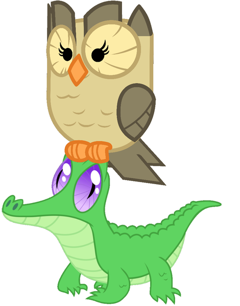 Size: 836x1067 | Tagged: alligator, artist:red4567, cute, derpibooru import, duo, gummy, owl, owlowiscious, perch, pets riding pets, ride, rider, riding, safe, simple background, sitting on head, white background
