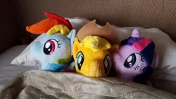 Size: 956x538 | Tagged: safe, derpibooru import, applejack, rainbow dash, twilight sparkle, 4de, appledash, bed, female, irl, lesbian, ot3, photo, picture, pillow, plushie, shipping, twidash, twijack