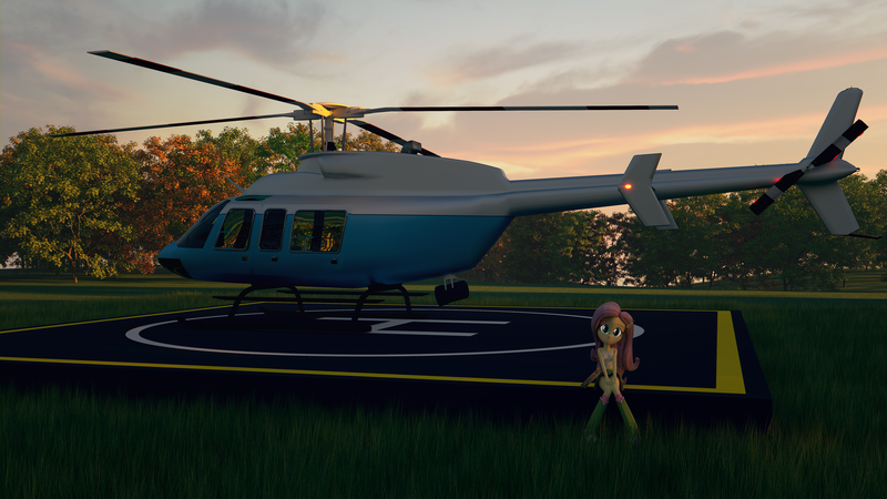 Size: 3840x2160 | Tagged: safe, artist:efk-san, derpibooru import, fluttershy, equestria girls, 3d, afternoon, cloud, helicopter, high res, solo, tree