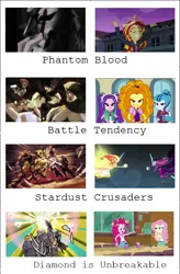 Size: 640x977 | Tagged: safe, derpibooru import, screencap, adagio dazzle, aria blaze, fluttershy, pinkie pie, sci-twi, sonata dusk, sunset shimmer, twilight sparkle, equestria girls, equestria girls (movie), friendship games, rainbow rocks, battle tendency, camp everfree, comparison, daydream shimmer, diamond is unbreakable, dio brando, element of magic, esidisi, jojo's bizarre adventure, jotaro kujo, kars, killer queen, midnight sparkle, phantom blood, pillar men, star platinum, stardust crusaders, stone mask, the dazzlings, the world, wamuu, yoshikage kira