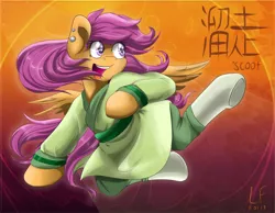 Size: 1800x1400 | Tagged: artist:redheadfly, chinese text, clothes, crossover, derpibooru import, disney, kick, kicking, kung fu, mulan, older, open mouth, safe, scootaloo, solo