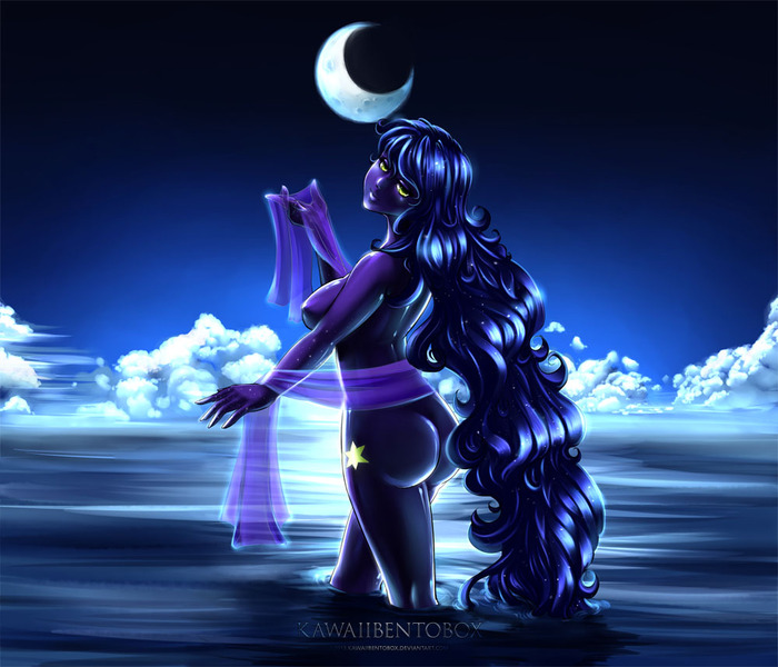 Size: 1000x857 | Tagged: artist:hotbento, ass, barely pony related, breasts, commission, crescent moon, derpibooru import, female, human, humanized, moon, moonlight, nipples, nudity, oc, oc:asterisk, ocean, pony coloring, questionable, solo, solo female, unofficial characters only