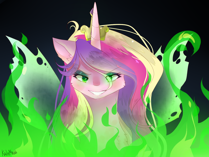 Size: 1400x1050 | Tagged: safe, artist:kate-titan-mrak, derpibooru import, princess cadance, queen chrysalis, alicorn, changeling, pony, crown, digital art, disguise, disguised changeling, evil grin, fake cadance, female, fire, green fire, grin, jewelry, mare, regalia, smiling, solo, transformation