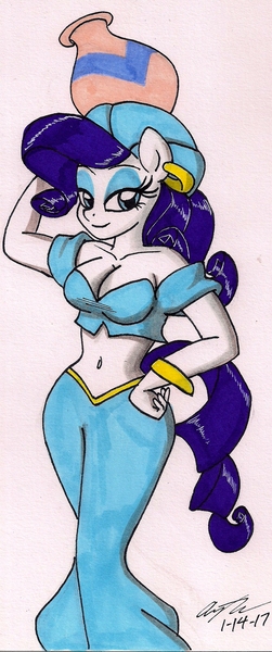 Size: 846x2021 | Tagged: anthro, artist:newyorkx3, belly button, belly dancer, belly dancer outfit, breasts, busty rarity, cleavage, clothes, derpibooru import, ear piercing, earring, eyeshadow, female, genie, jewelry, looking at you, makeup, midriff, piercing, rarity, shantae, simple background, smiling, solo, solo female, suggestive, traditional art, vase