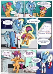 Size: 1860x2622 | Tagged: safe, artist:anibaruthecat, derpibooru import, scootaloo, oc, oc:cobalt, pegasus, pony, unicorn, comic:cutiemark check-up 2, :3, bipedal, clipboard, comic, dialogue, doctor, exclamation point, eyes closed, female, filly, glowing horn, injection, levitation, magic, mare, needle, scared, scrunchy face, syringe, telekinesis, tongue out, trypanophobia, vaccination