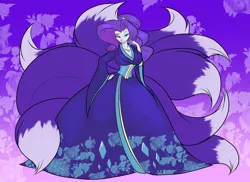 Size: 1024x745 | Tagged: anthro, artist:toughset, ass, bedroom eyes, big breasts, breasts, busty rarity, cleavage, clothes, commission, curvy, derpibooru import, dress, female, fluffy, fox, fusion, gown, hand on hip, hourglass figure, huge butt, huge tail, impossibly large tail, kitsune, large butt, mane, multiple tails, nine tailed fox, pose, raritsune, rarity, seductive look, sexy, solo, species swap, stupid sexy rarity, suggestive, tail, transformation, wide hips