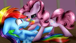 Size: 3309x1861 | Tagged: safe, artist:lixthefork, derpibooru import, pinkie pie, rainbow dash, earth pony, pegasus, pony, 28 pranks later, cookie zombie, duo, leaning back, personal space invasion, scared, shiny hair, shiny mane