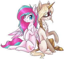 Size: 932x869 | Tagged: safe, artist:doekitty, derpibooru import, oc, oc:bloody cupcake, oc:mechanical soul, unofficial characters only, cyborg, pegasus, pony, unicorn, amputee, female, mare, prosthetics, raised hoof, simple background, sitting, transparent background