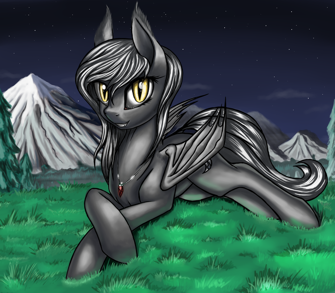 Size: 2840x2480 | Tagged: safe, artist:pony-way, derpibooru import, oc, oc:star light(bat), unofficial characters only, bat pony, pony, bat pony oc, crossed hooves, female, grass, grin, jewelry, looking at you, mountain, necklace, night, prone, smiling, solo