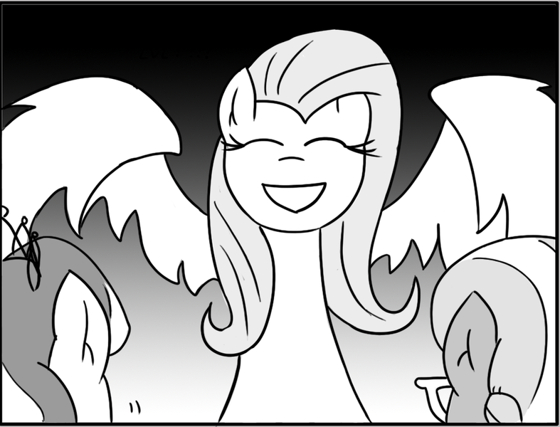 Size: 957x730 | Tagged: artist:loreto-arts, bat wings, comic:friendship is innuendo, derpibooru import, diamond tiara, eyes closed, fluttershy, grayscale, monochrome, safe, silver spoon, two kids gon' die tonight