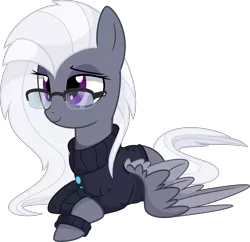 Size: 5500x5332 | Tagged: safe, artist:aureai, derpibooru import, oc, oc:aureai gray, unofficial characters only, pegasus, pony, .svg available, absurd resolution, clothes, female, glasses, happy, lidded eyes, mare, prone, raised eyebrow, simple background, smiling, smug, solo, spread wings, sweater, transparent background, vector