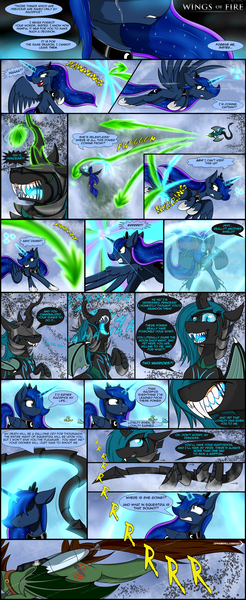 Size: 2460x6000 | Tagged: safe, artist:dangercloseart, derpibooru import, fleetfoot, princess luna, queen chrysalis, spitfire, oc, oc:dive siren, alicorn, bat pony, pony, comic:wings of fire, absurd resolution, barrier, bat pony oc, comic, evil laugh, female, fight, flying, fusion, gritted teeth, magic, mare, nightmare, nightmare chrysalis, nightmarified, slit eyes