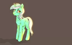 Size: 1440x900 | Tagged: safe, artist:oksssid, derpibooru import, lyra heartstrings, pony, unicorn, brown background, colored pupils, looking at you, missing cutie mark, sad, simple background, solo