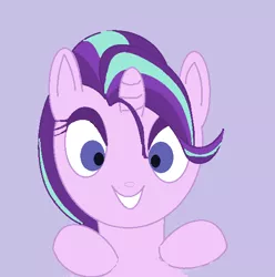 Size: 569x573 | Tagged: artist:violaconcert, bust, derpibooru import, looking at you, purple background, safe, simple background, smiling, solo, starlight glimmer