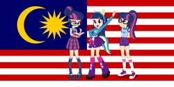 Size: 2800x1400 | Tagged: artist needed, safe, derpibooru import, edit, vector edit, sci-twi, twilight sparkle, equestria girls, friendship games, legend of everfree, book, boots, clothes, converse, crystal prep academy uniform, high heel boots, human coloration, malaysia, multeity, school uniform, shoes, sneakers, socks, triality, trio, twolight, vector, wondercolts uniform