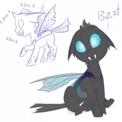 Size: 750x750 | Tagged: artist:its-gloomy, changeling, cute, cute bug noises, cuteling, derpibooru import, fangs, floppy ears, happy, looking at you, monochrome, open mouth, raised hoof, safe, simple background, sitting, sketch, smiling, underhoof, white background