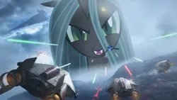 Size: 1978x1113 | Tagged: artist:huntergiantesses, a-wing, changeling, derpibooru import, fangs, giantess, glare, macro, open mouth, queen chrysalis, rebel alliance, safe, smirk, spaceship, star destroyer, star wars, star wars battlefront, we are doomed