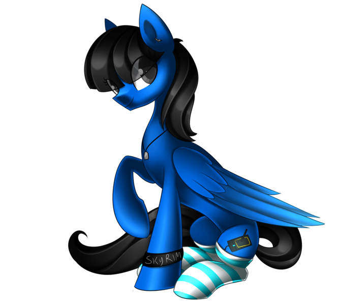 Size: 3062x2740 | Tagged: safe, artist:scarlet-spectrum, derpibooru import, oc, oc:sonica, unofficial characters only, pegasus, pony, clothes, raised hoof, simple background, sitting, smiling, socks, solo, striped socks, transparent background