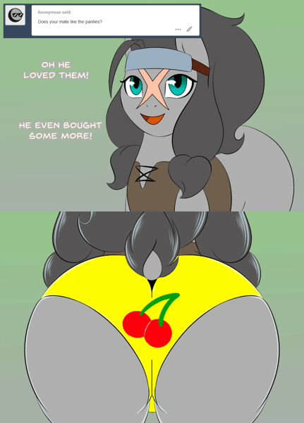 Size: 1150x1600 | Tagged: animated, artist:lunis1992, ask, ask the amazon mares, clothes, derpibooru import, dialogue, dock, female, gif, oc, oc:fury, open mouth, panties, plot, short tail, smiling, solo, solo female, suggestive, tumblr, underwear, unofficial characters only
