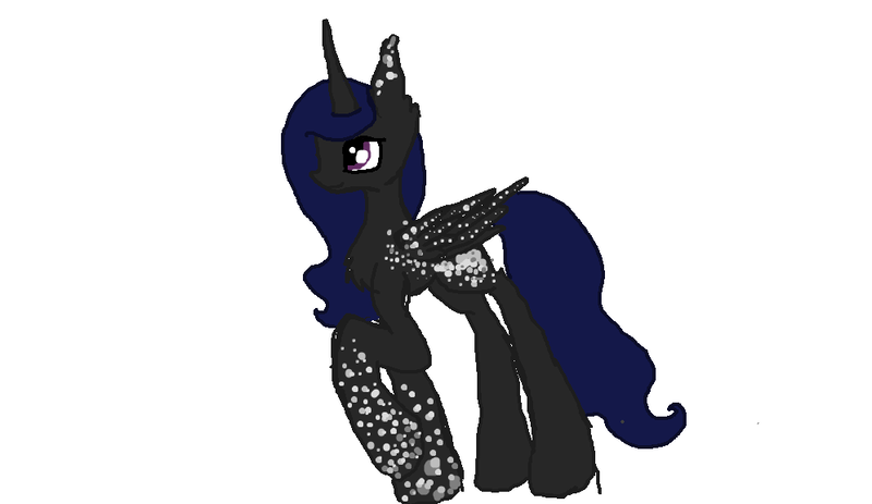 Size: 996x576 | Tagged: safe, artist:haillee, derpibooru import, oc, unofficial characters only, alicorn, pony, black, blue hair, colored, flat colors, missing cutie mark, ms paint, smiling, solo, speckled, spots, white spots