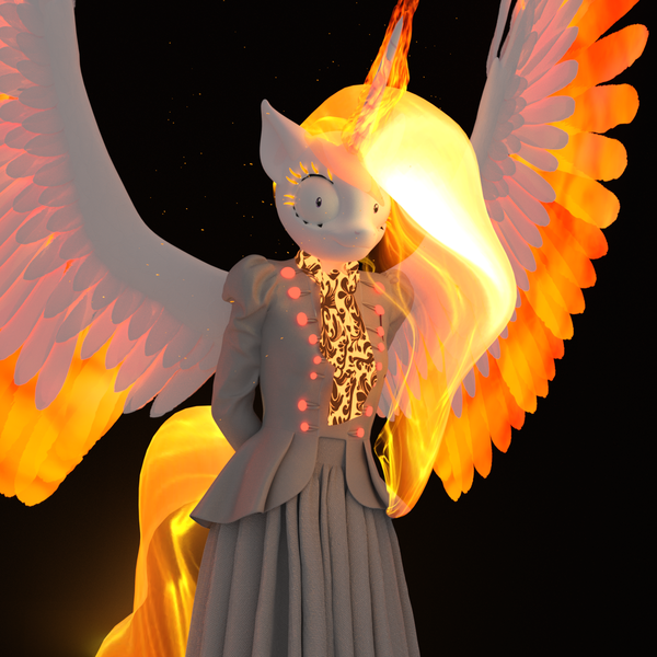 Size: 1500x1500 | Tagged: 3d, anthro, arm behind back, artist:tahublade7, black background, clothes, derpibooru import, dress, gown, looking at you, mane of fire, nightmare star, now you fucked up, oh crap, plantigrade anthro, princess celestia, ragelestia, rapidash, safe, shrunken pupils, simple background, solo, spread wings, this will end in tears and/or a journey to the moon, to the moon, wide eyes, xk-class end-of-the-world scenario, you dun goofed