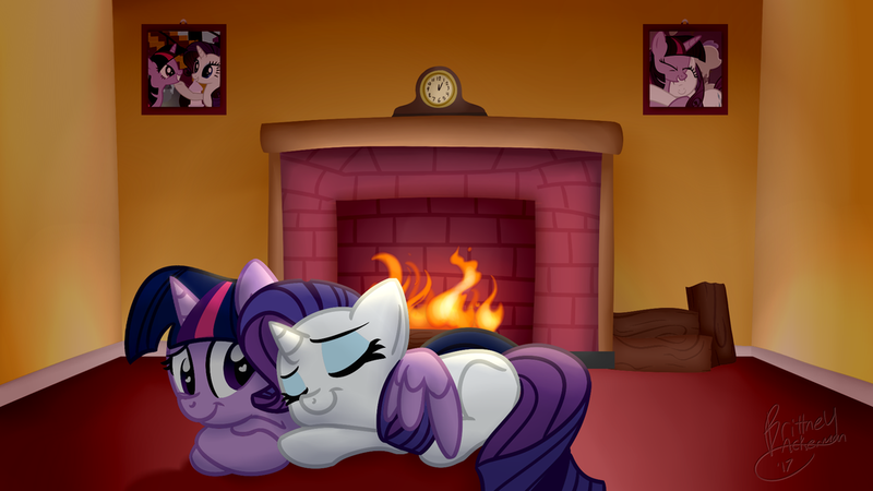 Size: 1024x576 | Tagged: safe, artist:littleblackraencloud, derpibooru import, rarity, twilight sparkle, twilight sparkle (alicorn), alicorn, pony, chimney, cuddling, cute, female, fireplace, heart eyes, lesbian, rarilight, shipping, sleeping, wingding eyes