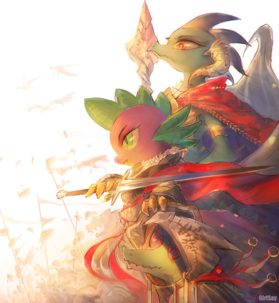 Size: 1381x1500 | Tagged: safe, artist:girlsay, derpibooru import, gummy, princess ember, spike, dragon, gauntlet of fire, armor, badass, bloodstone scepter, cape, clothes, dragon lord ember, epic, female, gauntlet, helmet, male, patreon, patreon logo, scarf, serious, serious face, slit eyes, spear, sword, trio, weapon