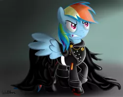 Size: 1004x795 | Tagged: angry, artist:colonelwalther, badge, blood, cape, clothes, derpibooru import, evil, fanfic:rainbow factory, grimdark, rainbow dash, uniform