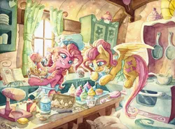 Size: 6886x5064 | Tagged: safe, artist:the-wizard-of-art, derpibooru import, fluttershy, pinkie pie, earth pony, pegasus, pony, apron, baking, batter, bowl, clothes, colored eyelashes, cookbook, cupcake, cute, dessert, detailed, duo, egg, female, flour, fluffy, food, frosting, hair bun, hat, indoors, kitchen, licking, licking lips, lon lon milk, mare, messy mane, milk, mixer, oven, prehensile mane, stirring, stove, sugarcube corner, table, the legend of zelda, tongue out, traditional art, window